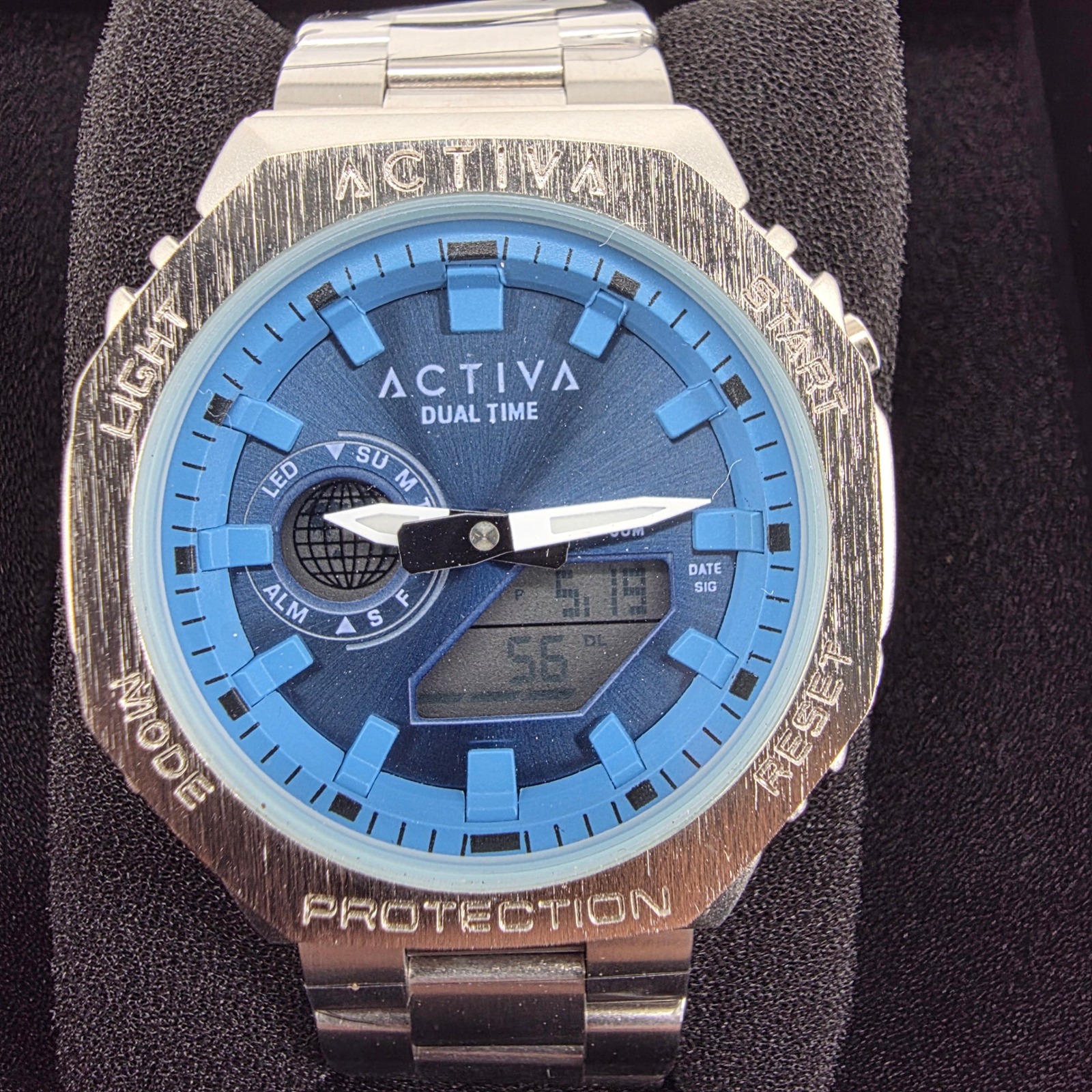 Activa By Invicta Dual Time Watch Silver Blue Dial Analog Digital 43015 Mens
